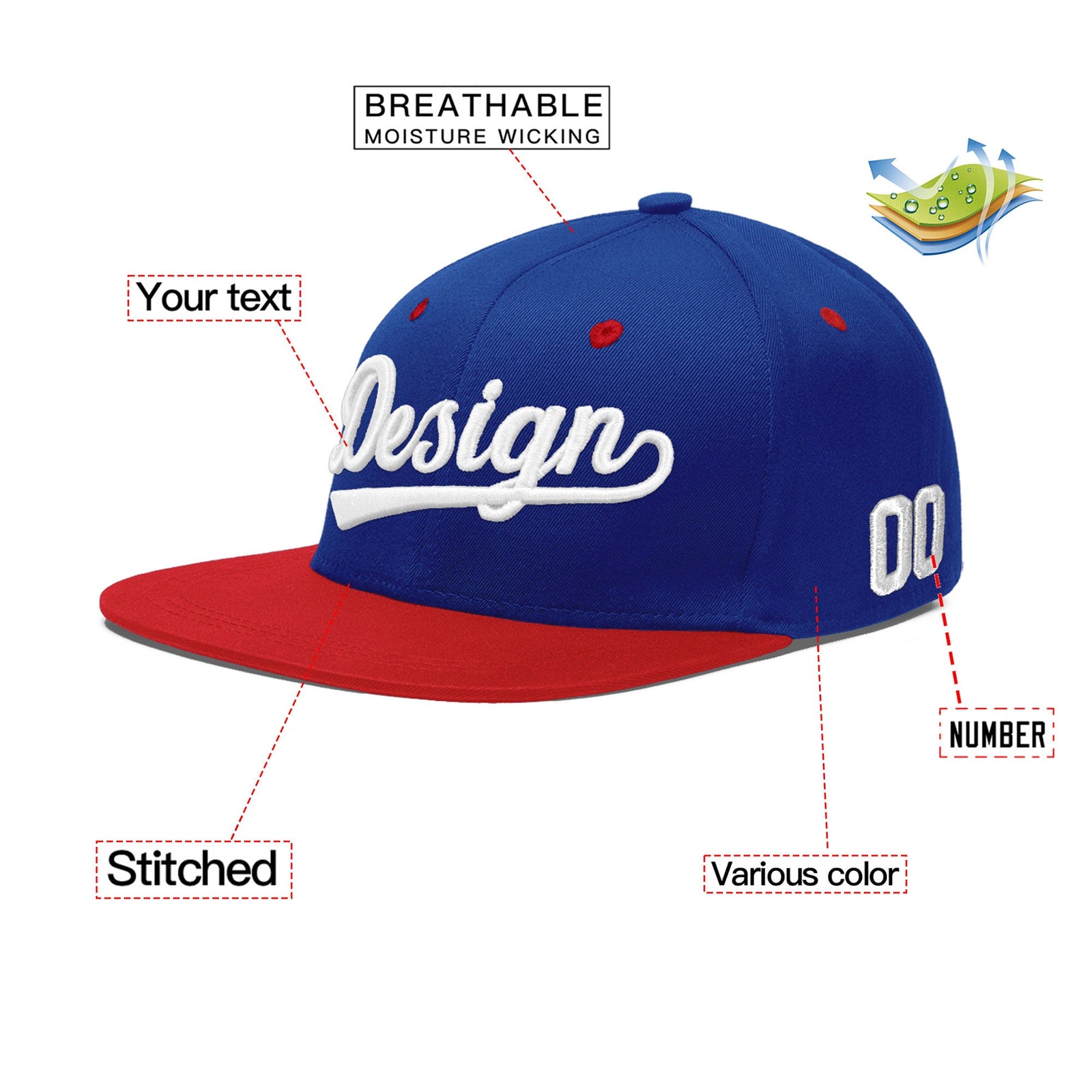 Custom Royal Blue Red 3D Puff Embroidery Flat Embroidery Casual Sport Baseball Cap