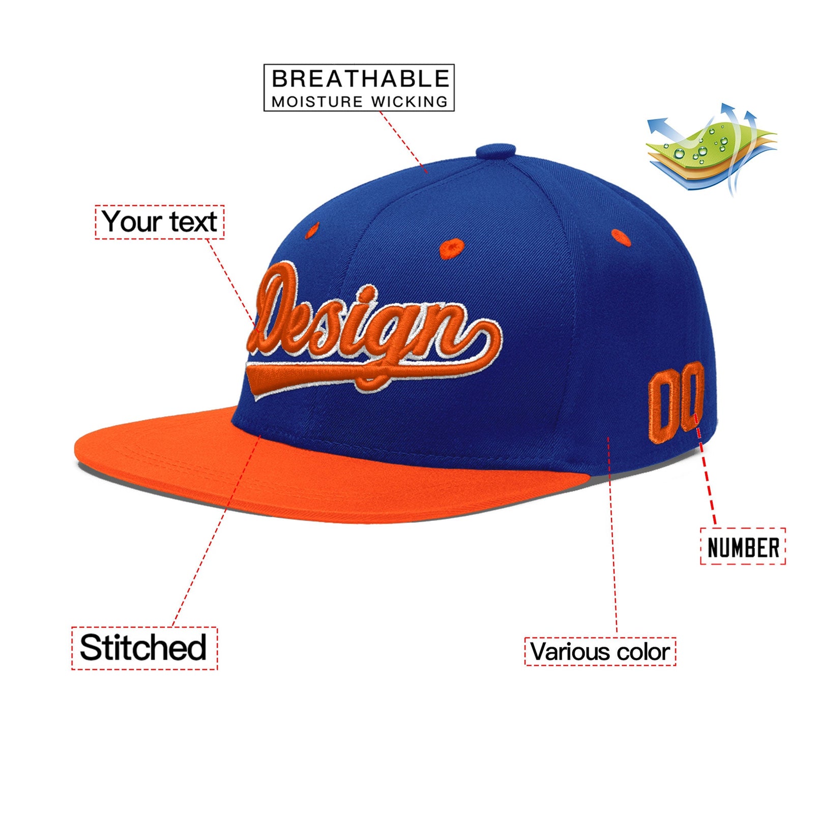Custom Royal Blue Orange 3D Puff Embroidery Flat Embroidery Casual Sport Baseball Cap