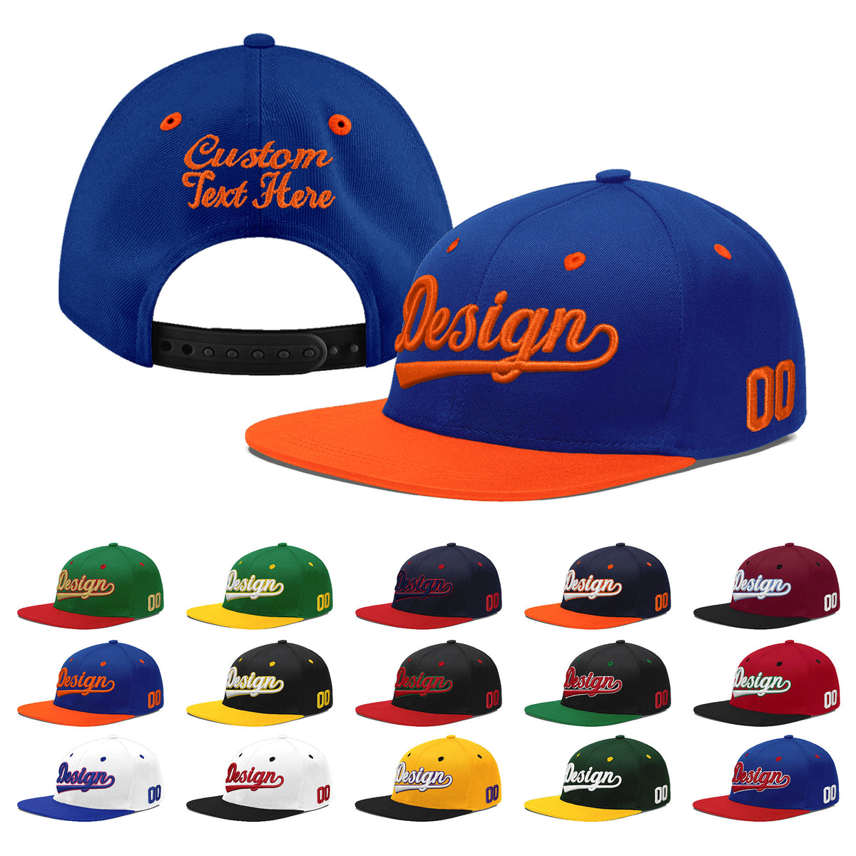 Custom Royal Blue Orange 3D Puff Embroidery Flat Embroidery Casual Sport Baseball Cap