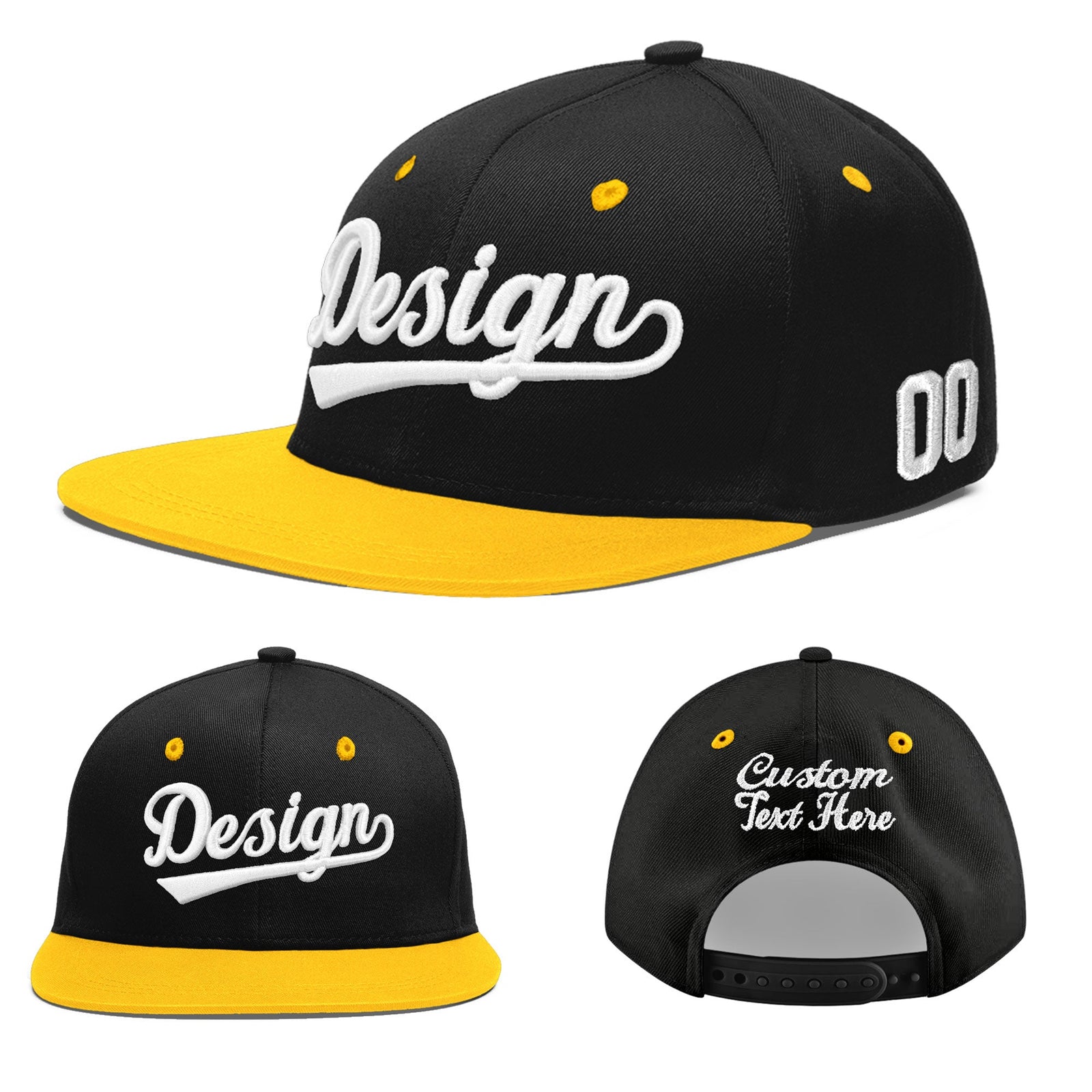 Custom Black Gold 3D Puff Embroidery Flat Embroidery Casual Sport Baseball Cap