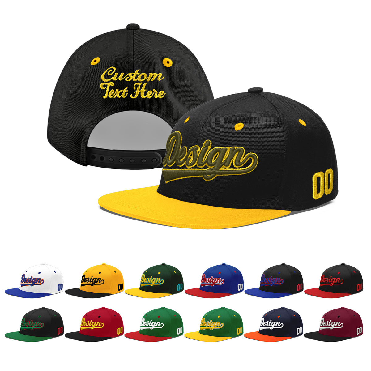 Custom Black Gold 3D Puff Embroidery Flat Embroidery Casual Sport Baseball Cap