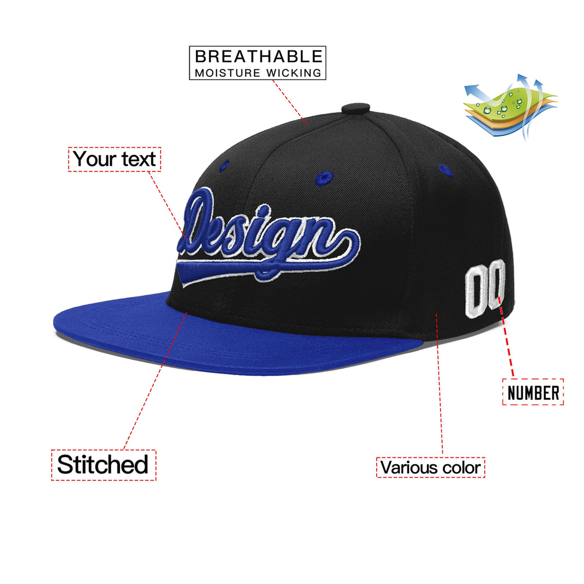 Custom Black Royal Blue 3D Puff Embroidery Flat Embroidery Casual Sport Baseball Cap
