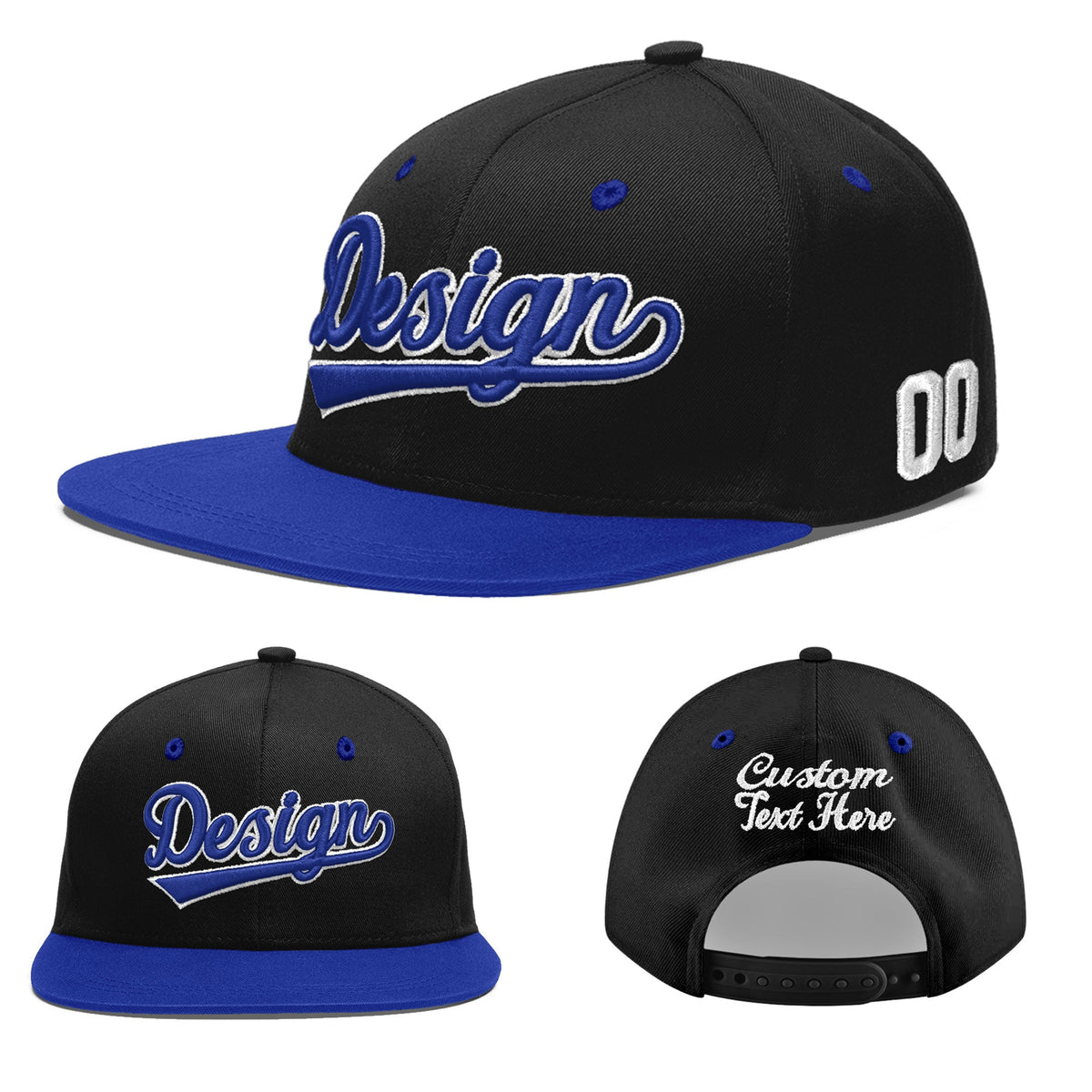 Custom Black Royal Blue 3D Puff Embroidery Flat Embroidery Casual Sport Baseball Cap