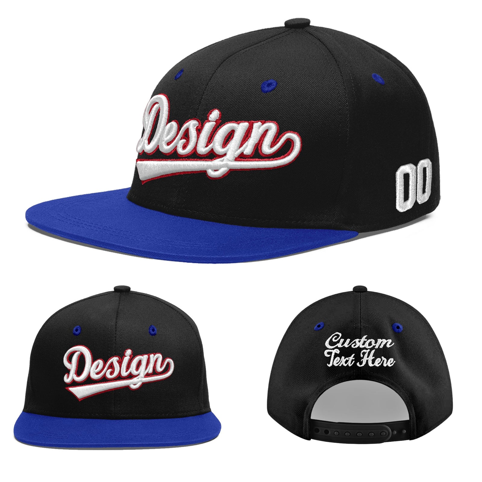 Custom Black Royal Blue 3D Puff Embroidery Flat Embroidery Casual Sport Baseball Cap