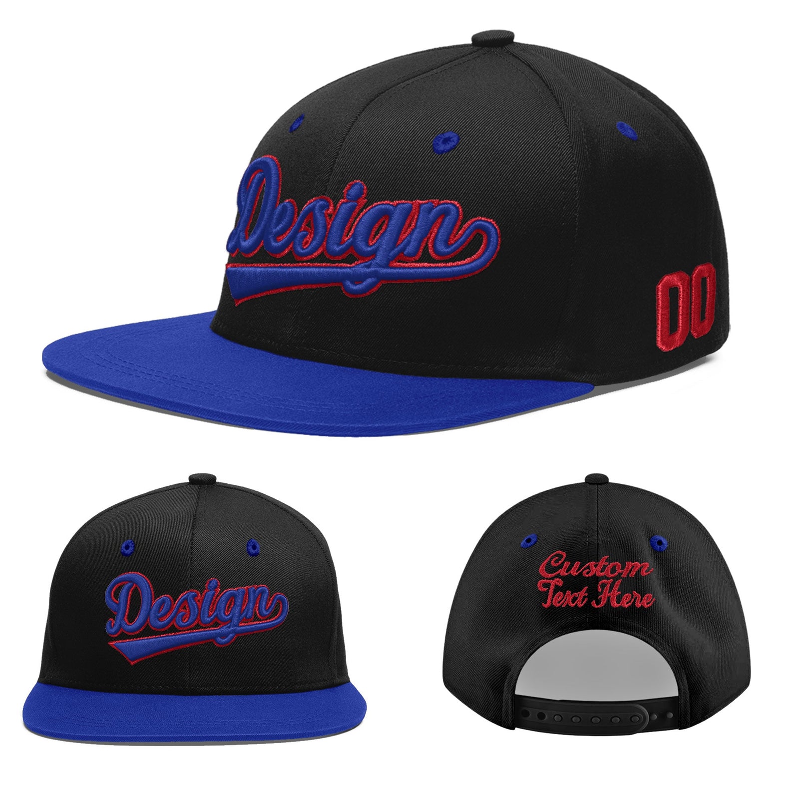 Custom Black Royal Blue 3D Puff Embroidery Flat Embroidery Casual Sport Baseball Cap