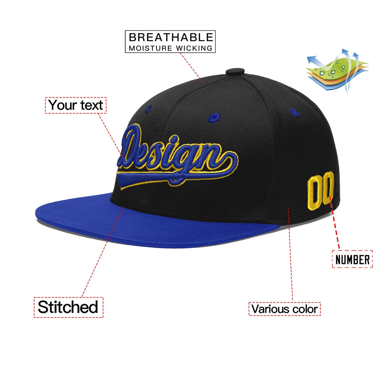 Custom Black Royal Blue 3D Puff Embroidery Flat Embroidery Casual Sport Baseball Cap