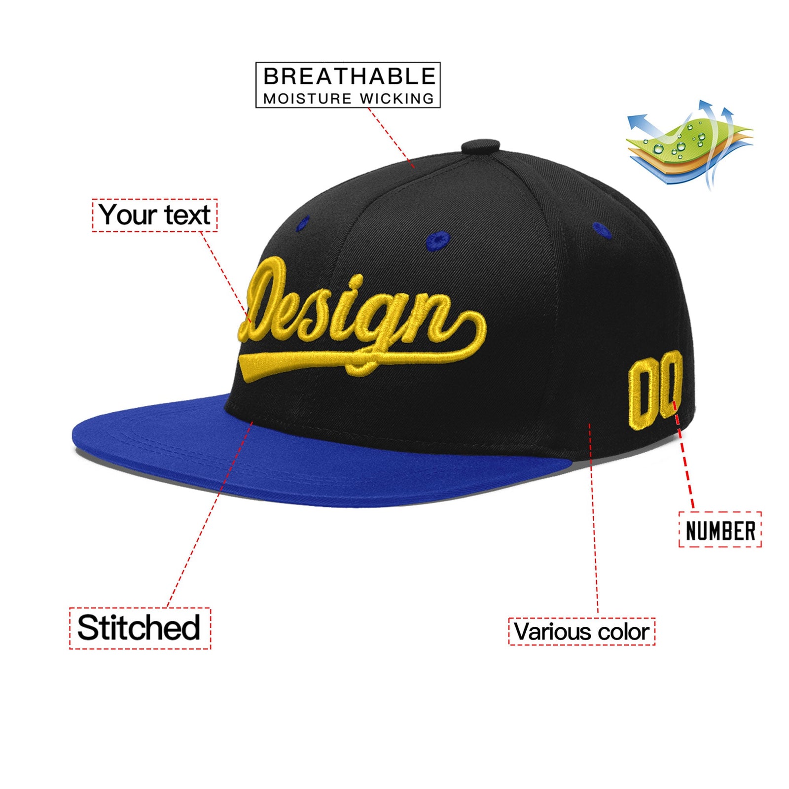 Custom Black Royal Blue 3D Puff Embroidery Flat Embroidery Casual Sport Baseball Cap