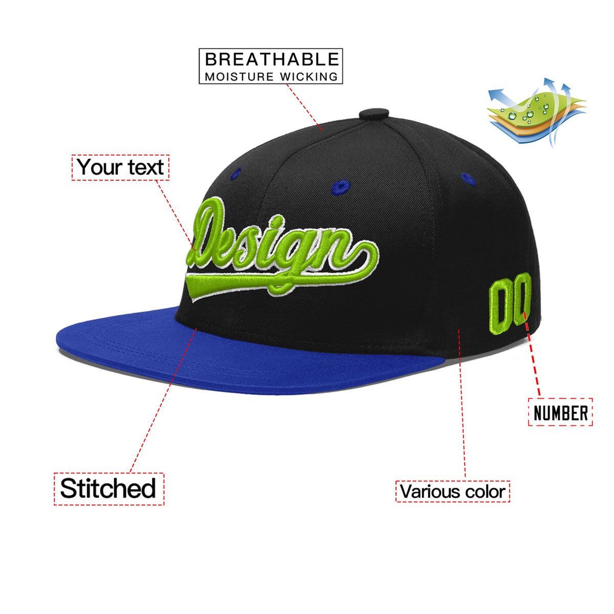 Custom Black Royal Blue 3D Puff Embroidery Flat Embroidery Casual Sport Baseball Cap