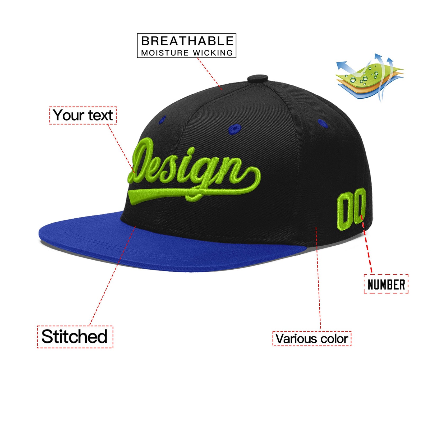 Custom Black Royal Blue 3D Puff Embroidery Flat Embroidery Casual Sport Baseball Cap