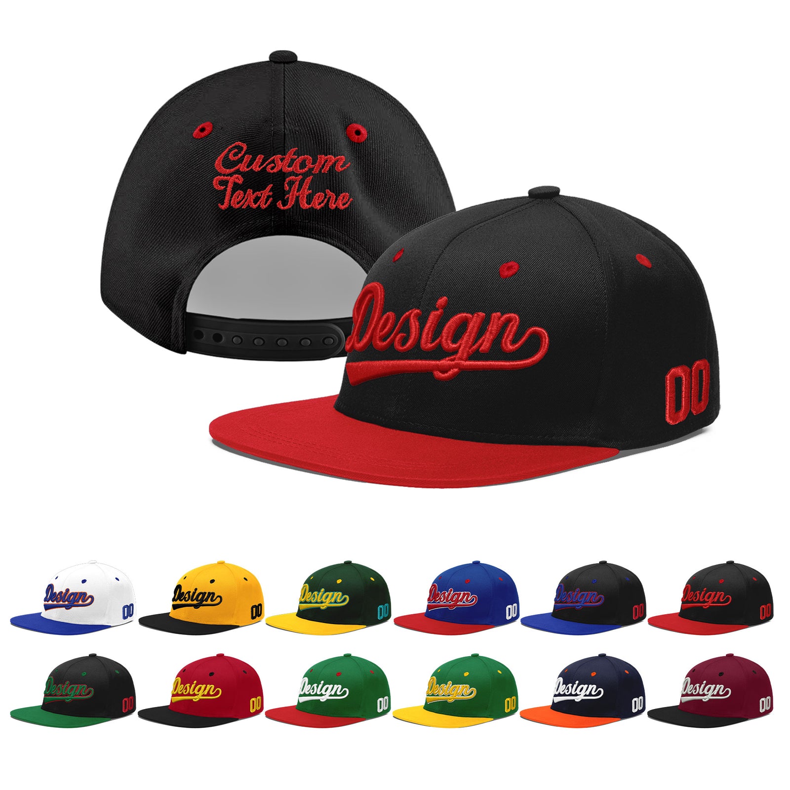 Custom Black Red 3D Puff Embroidery Flat Embroidery Casual Sport Baseball Cap