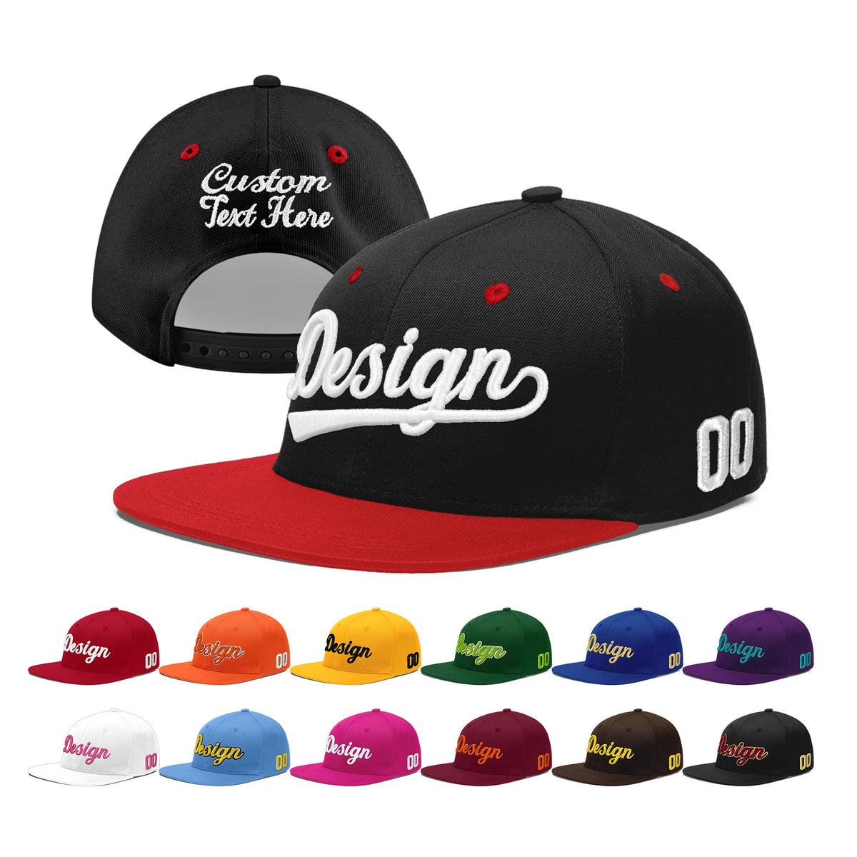 Custom Black Red 3D Puff Embroidery Flat Embroidery Casual Sport Baseball Cap