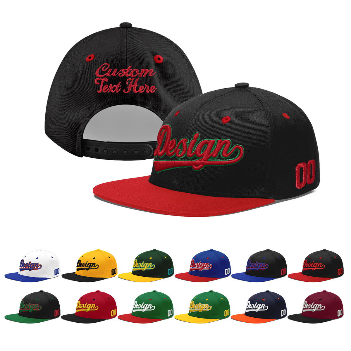 Custom Black Red 3D Puff Embroidery Flat Embroidery Casual Sport Baseball Cap