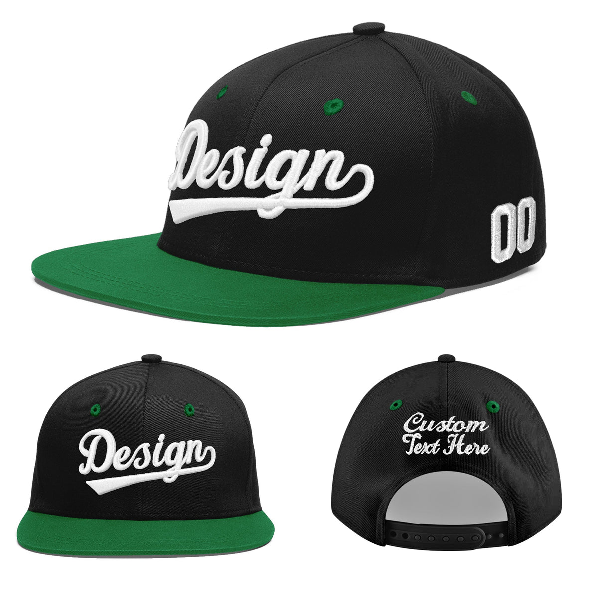 Custom Black Kelly Green 3D Puff Embroidery Flat Embroidery Casual Sport Baseball Cap