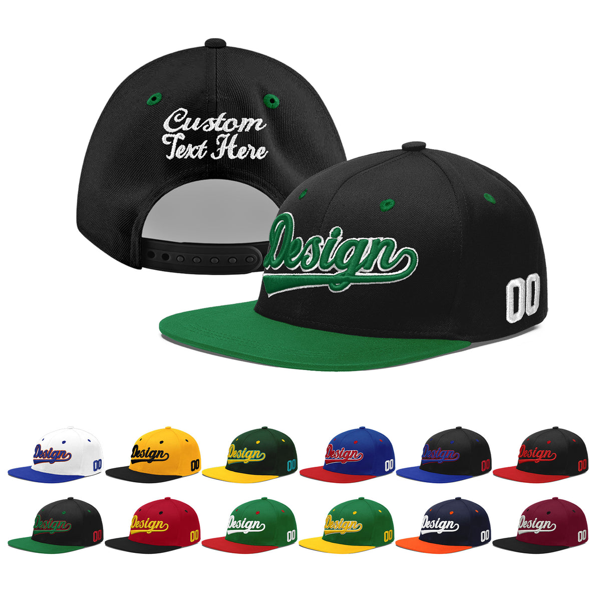 Custom Black Kelly Green 3D Puff Embroidery Flat Embroidery Casual Sport Baseball Cap