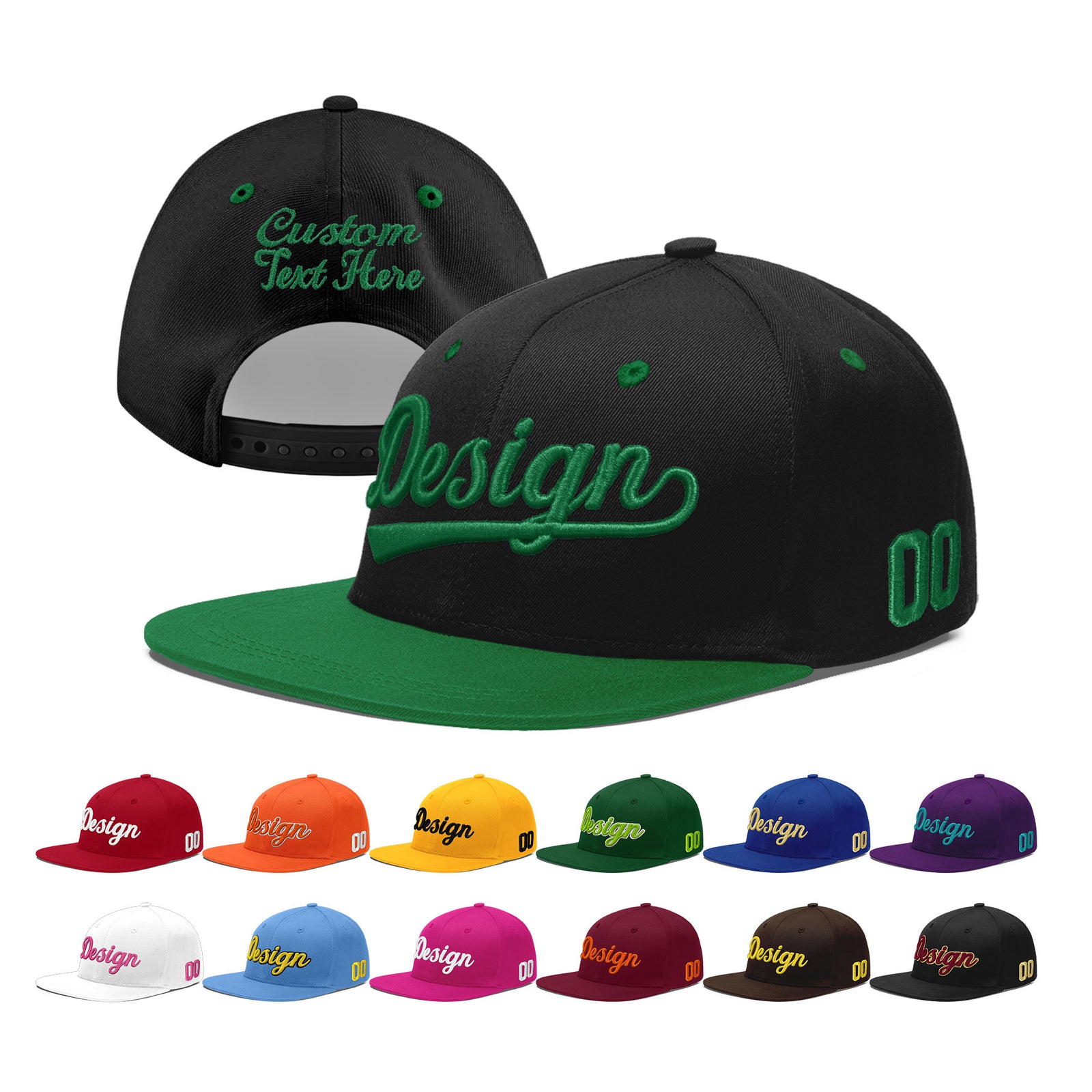 Custom Black Kelly Green 3D Puff Embroidery Flat Embroidery Casual Sport Baseball Cap