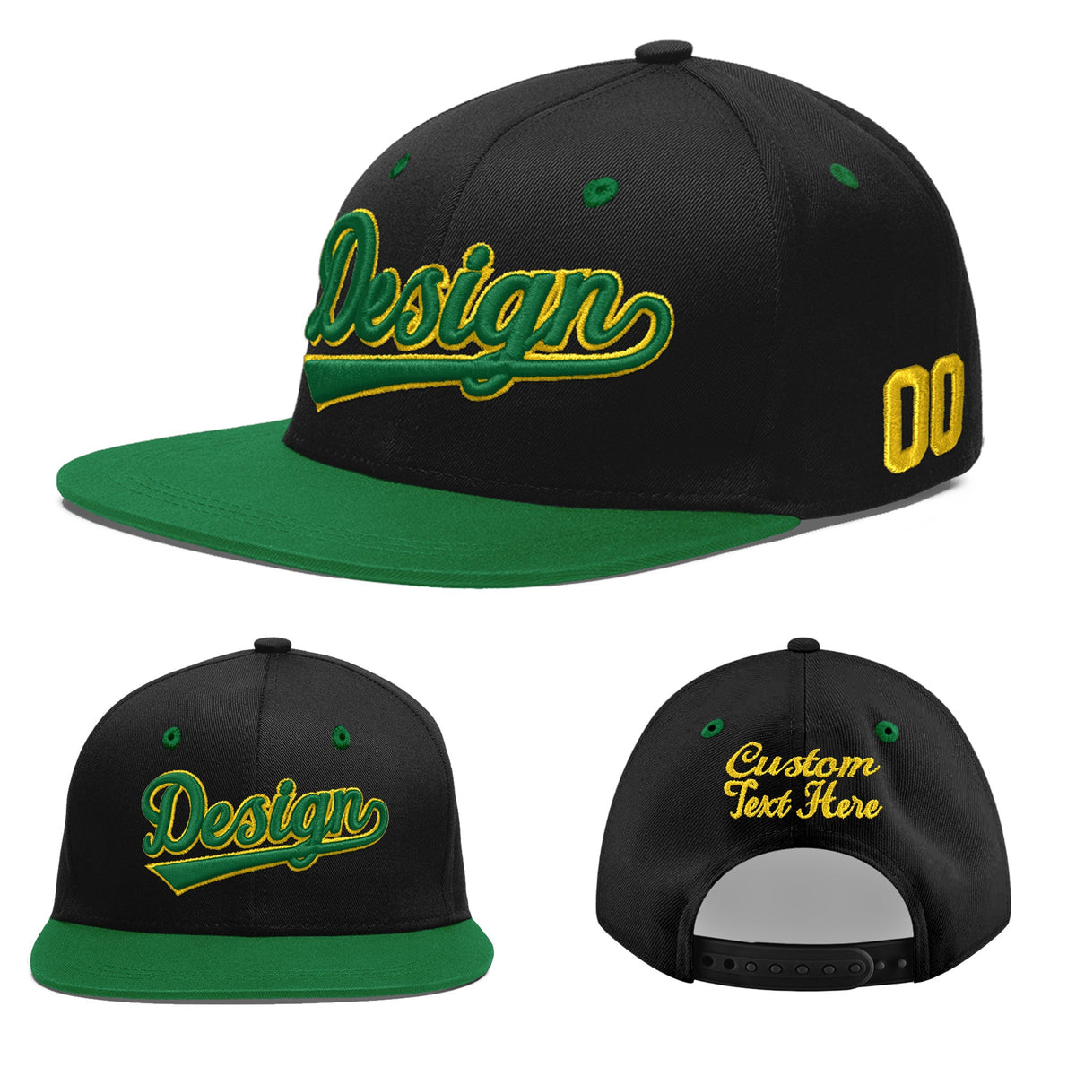 Custom Black Kelly Green 3D Puff Embroidery Flat Embroidery Casual Sport Baseball Cap