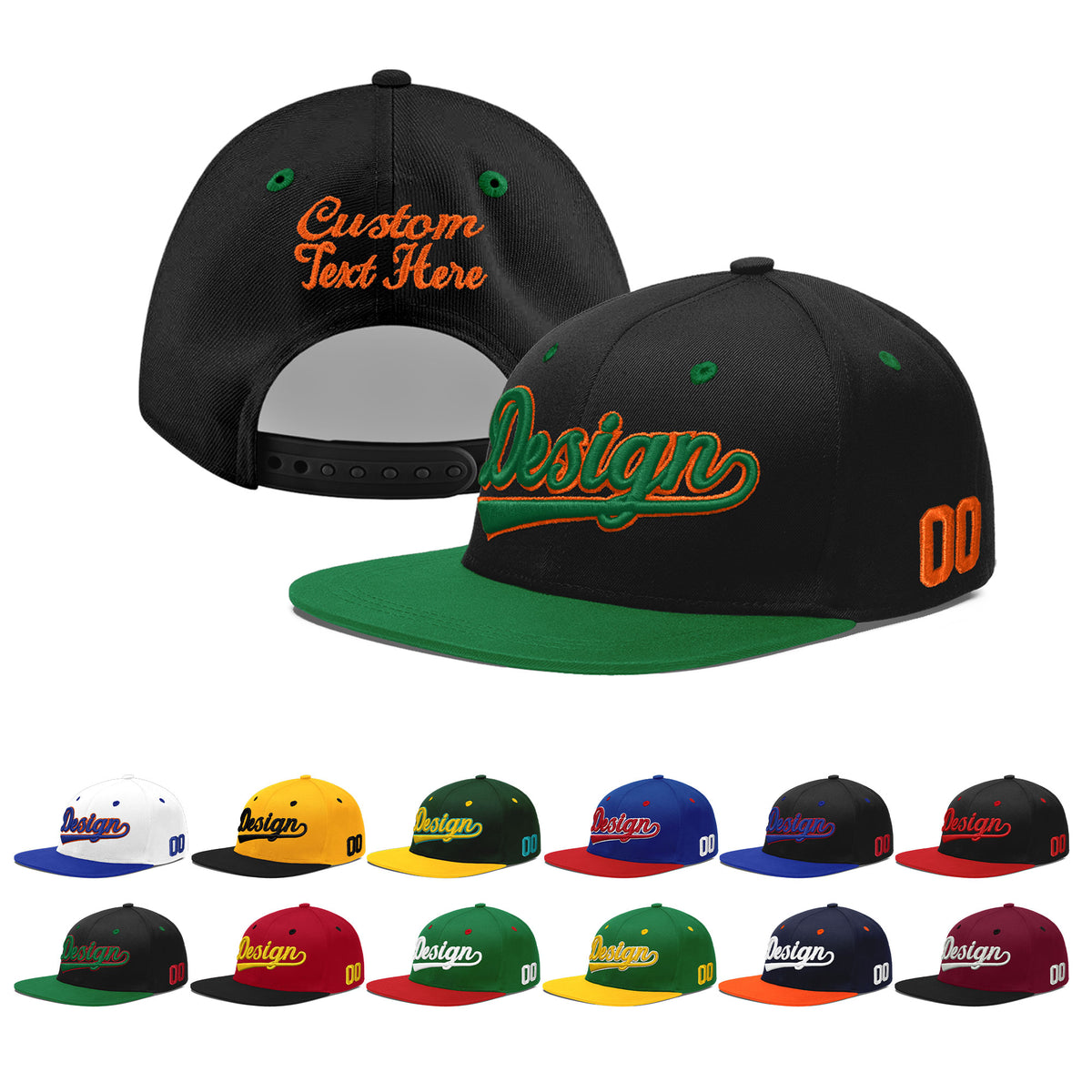Custom Black Kelly Green 3D Puff Embroidery Flat Embroidery Casual Sport Baseball Cap