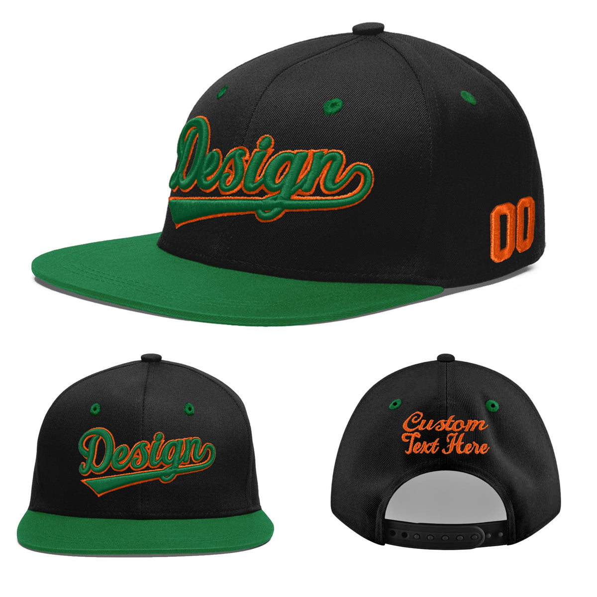 Custom Black Kelly Green 3D Puff Embroidery Flat Embroidery Casual Sport Baseball Cap
