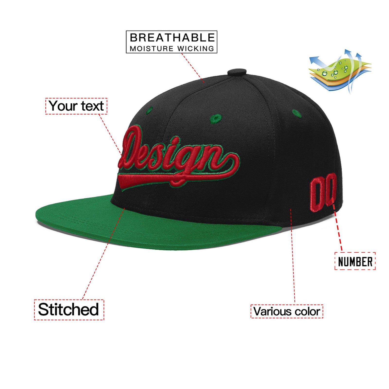 Custom Black Kelly Green 3D Puff Embroidery Flat Embroidery Casual Sport Baseball Cap