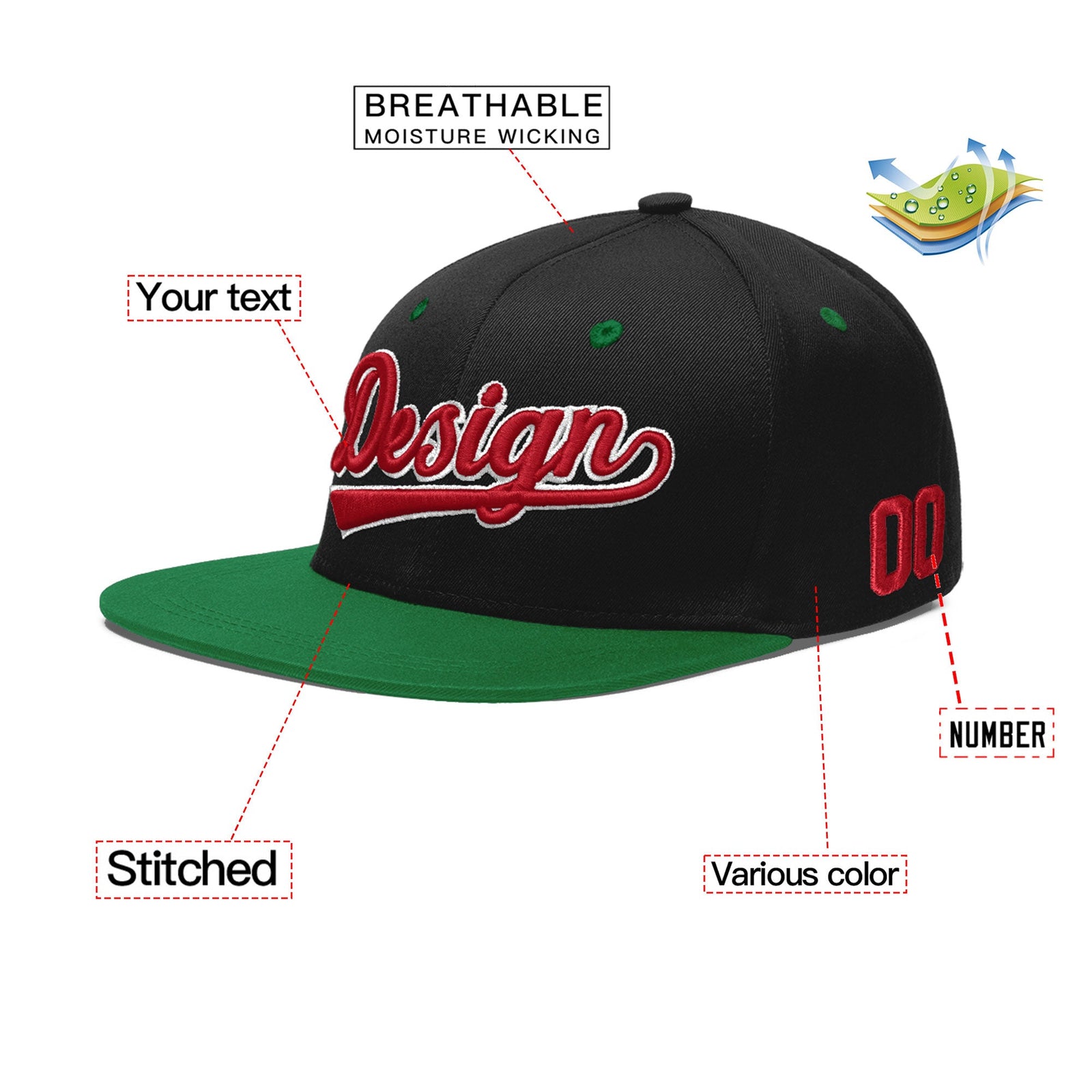 Custom Black Kelly Green 3D Puff Embroidery Flat Embroidery Casual Sport Baseball Cap