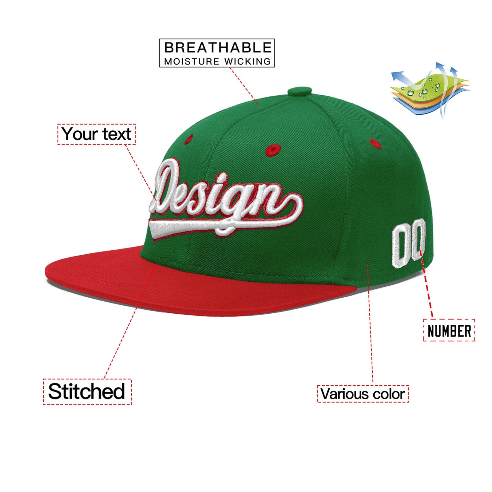Custom Kelly Green Red 3D Puff Embroidery Flat Embroidery Casual Sport Baseball Cap
