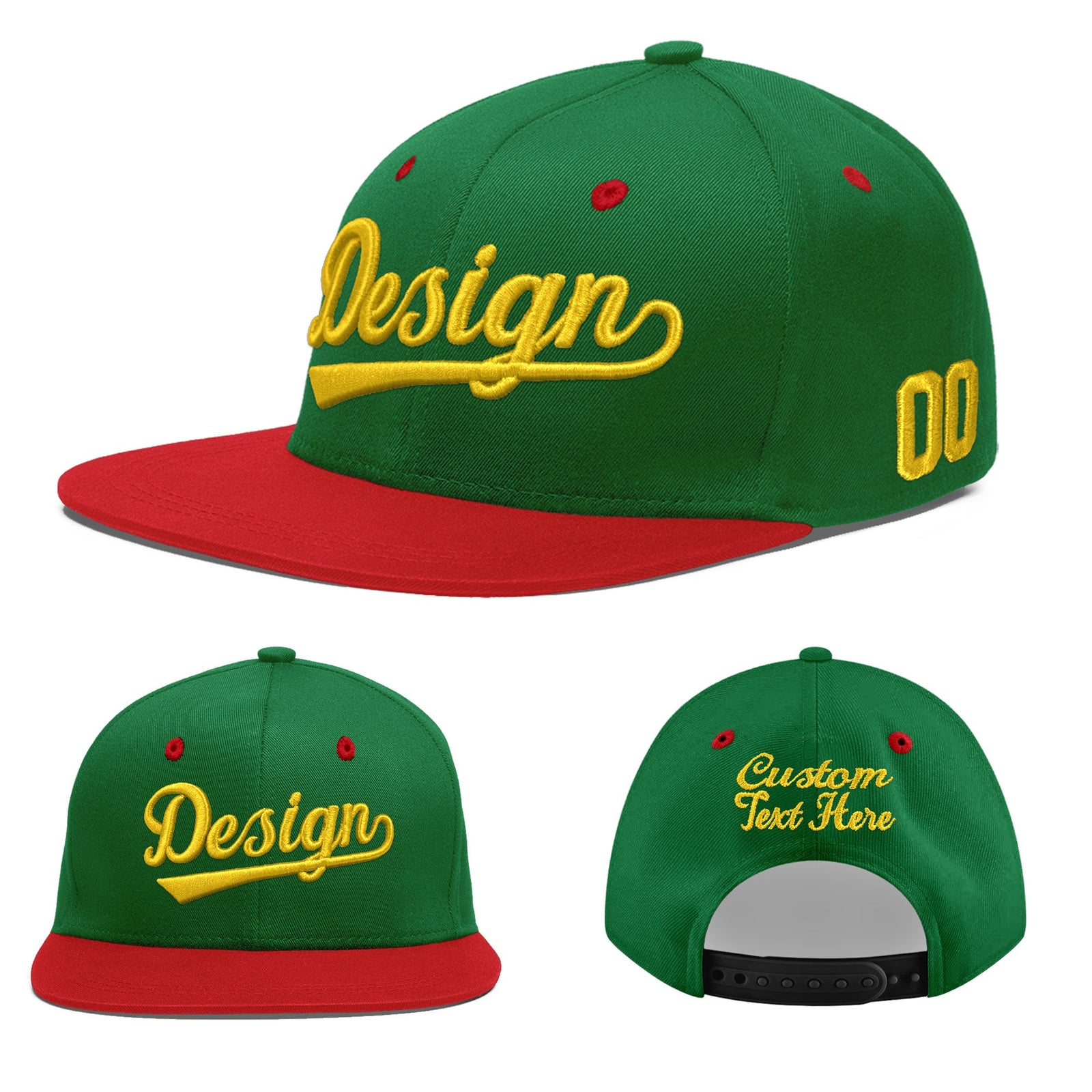 Custom Kelly Green Red 3D Puff Embroidery Flat Embroidery Casual Sport Baseball Cap