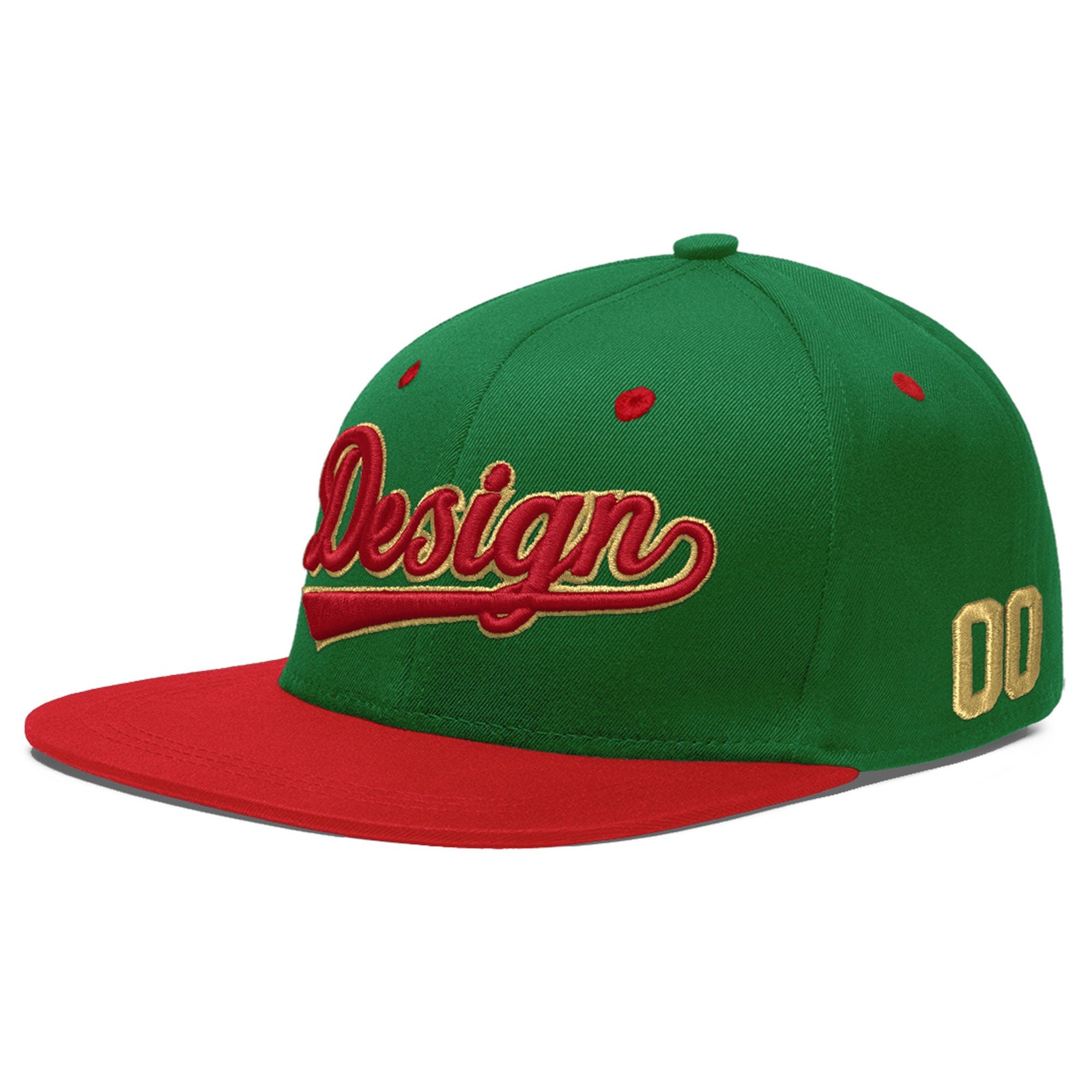 Custom Kelly Green Red 3D Puff Embroidery Flat Embroidery Casual Sport Baseball Cap