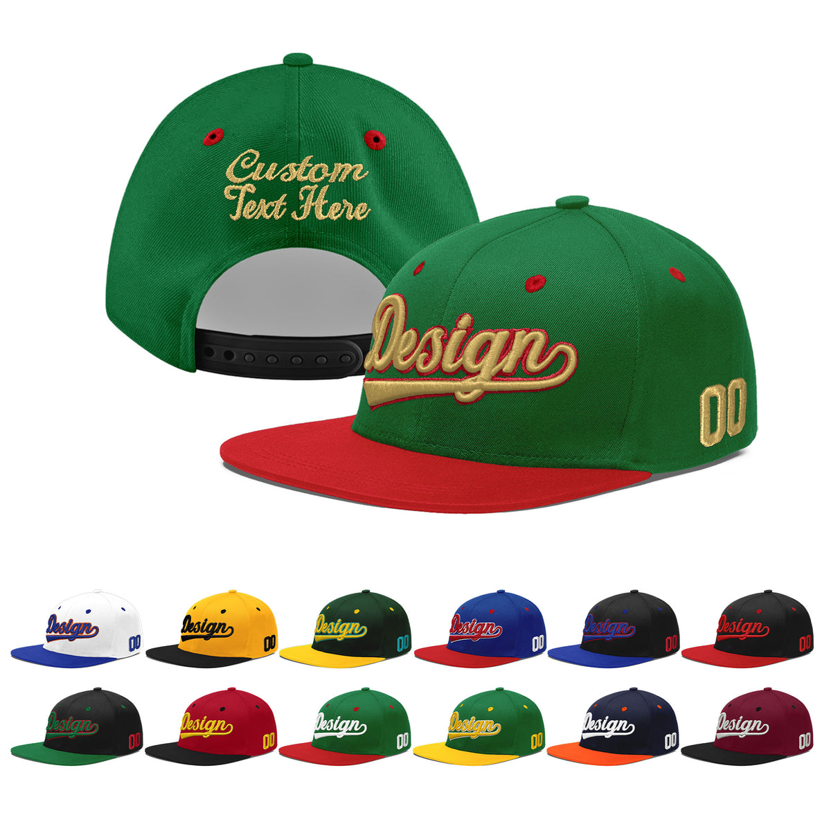 Custom Kelly Green Red 3D Puff Embroidery Flat Embroidery Casual Sport Baseball Cap
