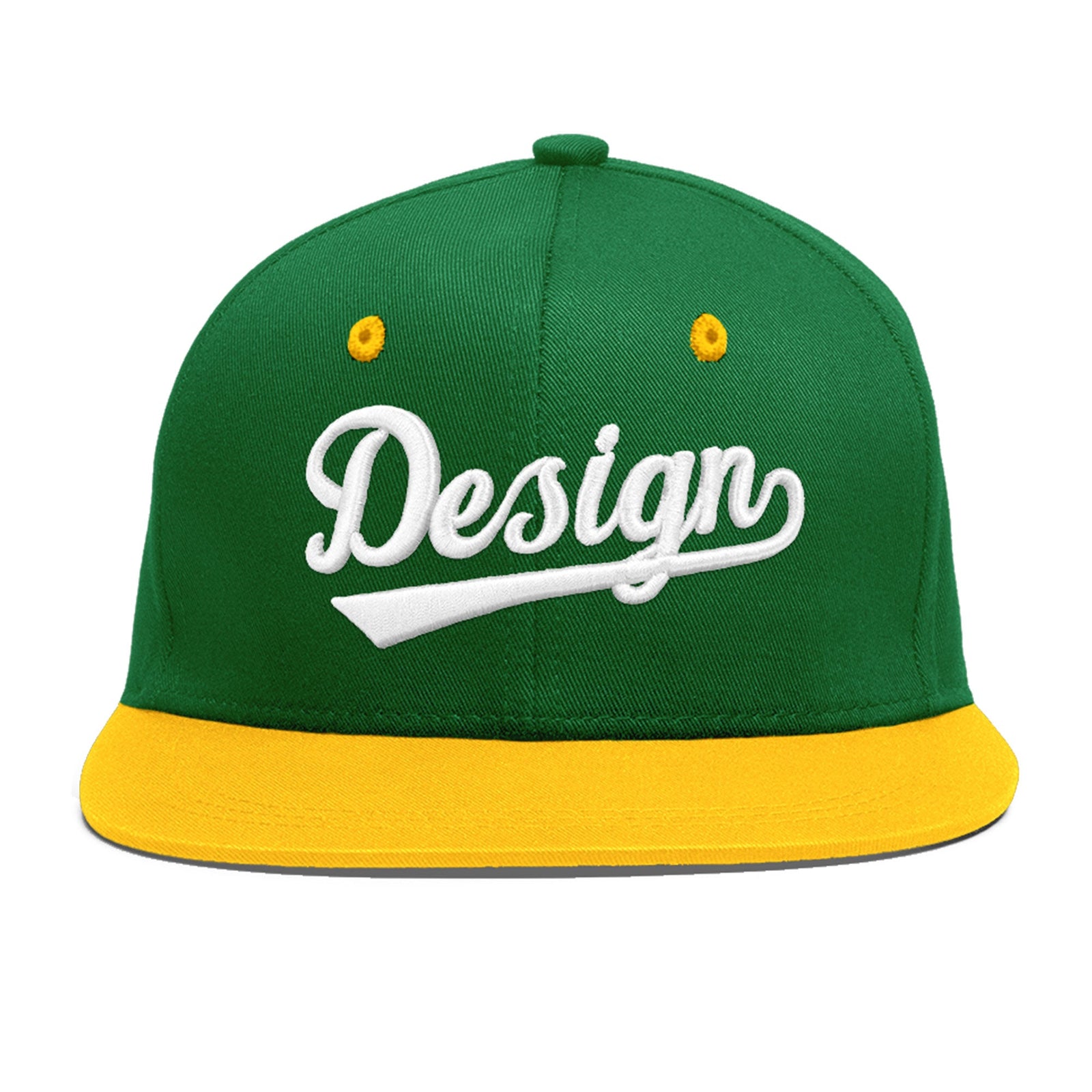 Custom Kelly Green Gold 3D Puff Embroidery Flat Embroidery Casual Sport Baseball Cap