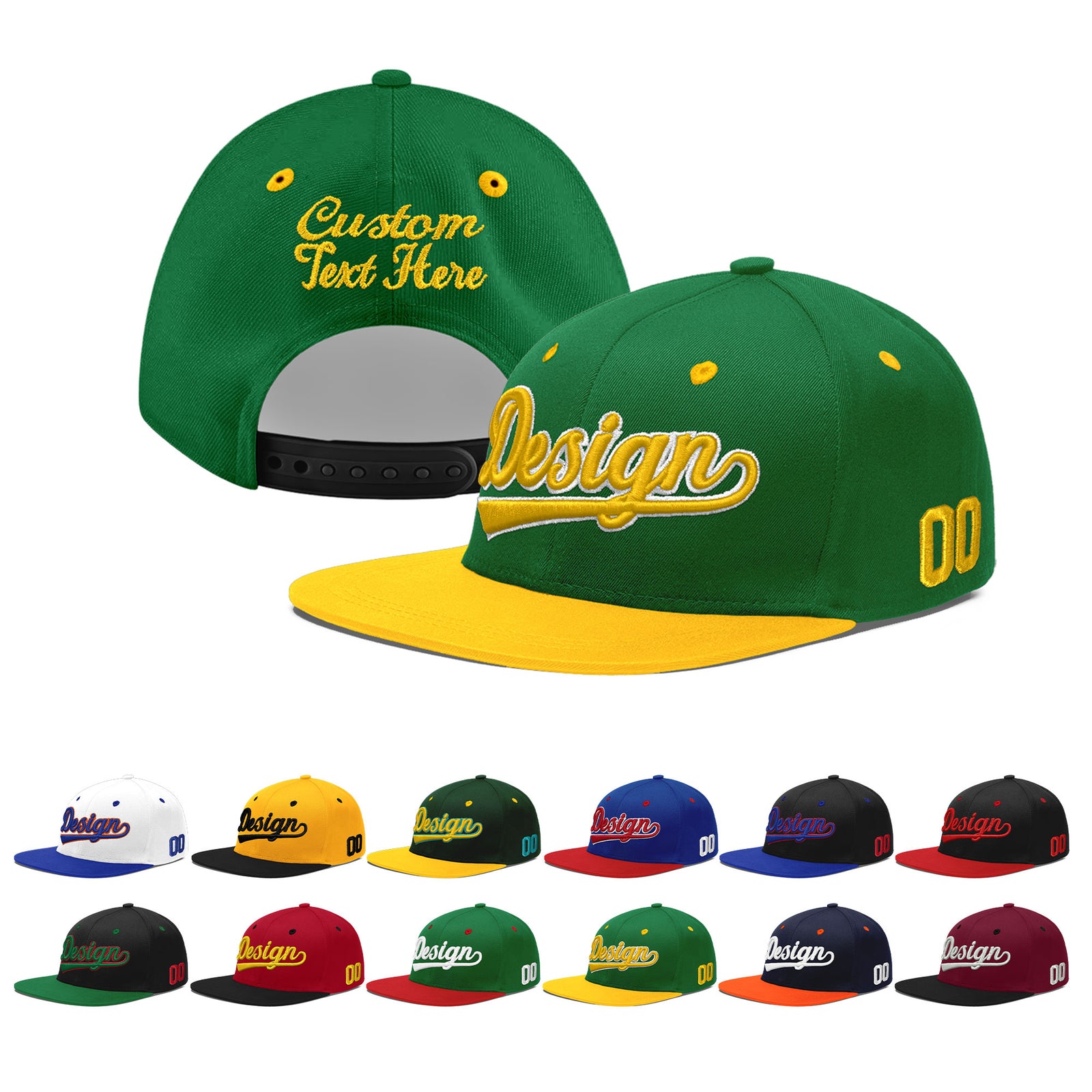 Custom Kelly Green Gold 3D Puff Embroidery Flat Embroidery Casual Sport Baseball Cap