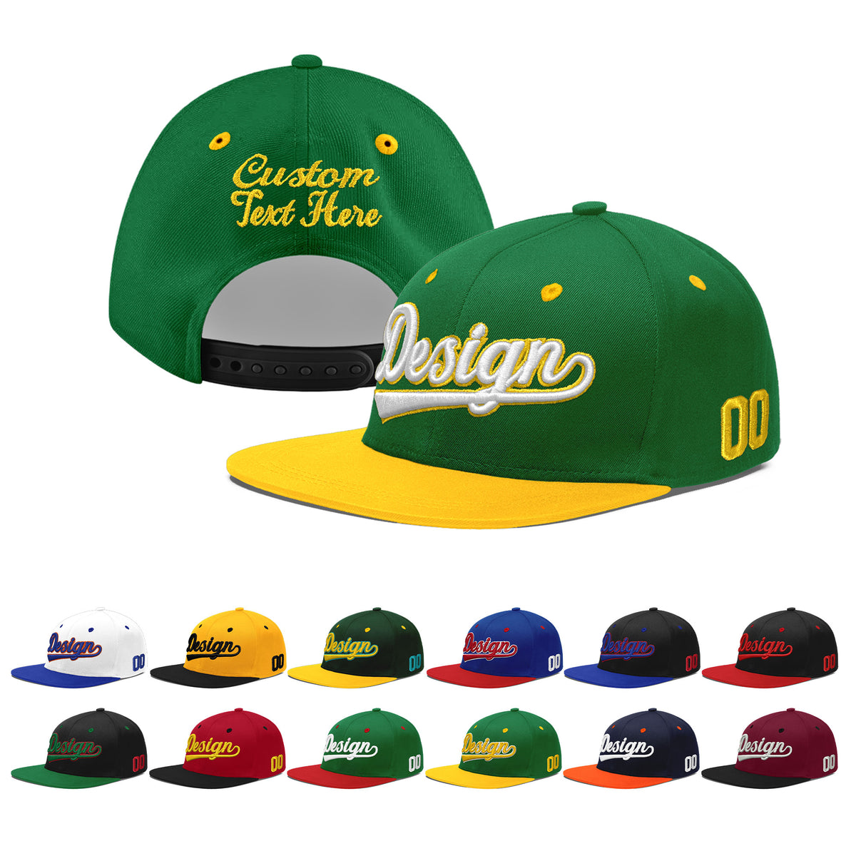 Custom Kelly Green Gold 3D Puff Embroidery Flat Embroidery Casual Sport Baseball Cap