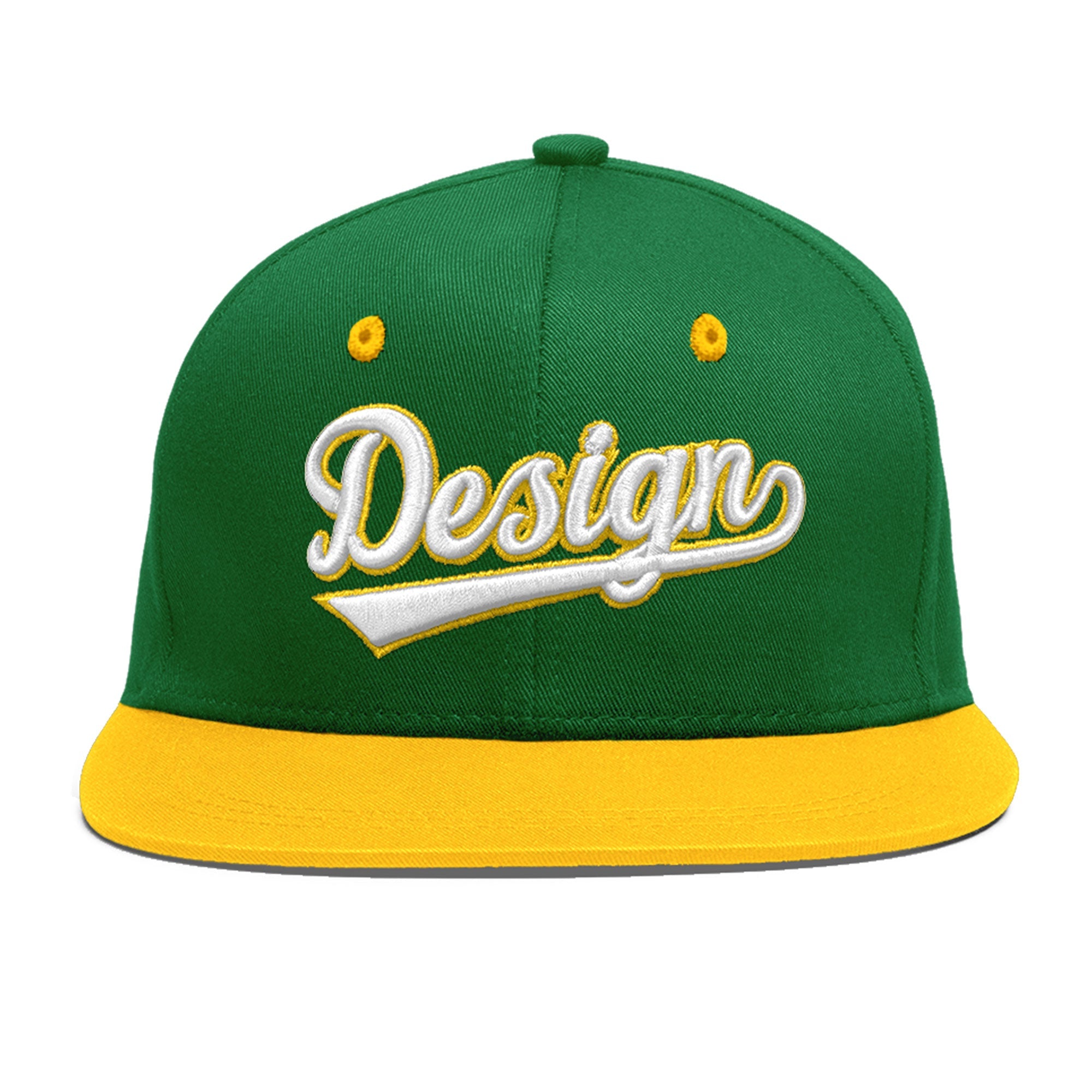 Custom Kelly Green Gold 3D Puff Embroidery Flat Embroidery Casual Sport Baseball Cap