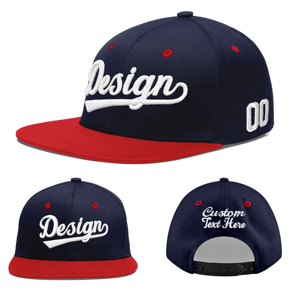 Custom Navy Red 3D Puff Embroidery Flat Embroidery Casual Sport Baseball Cap