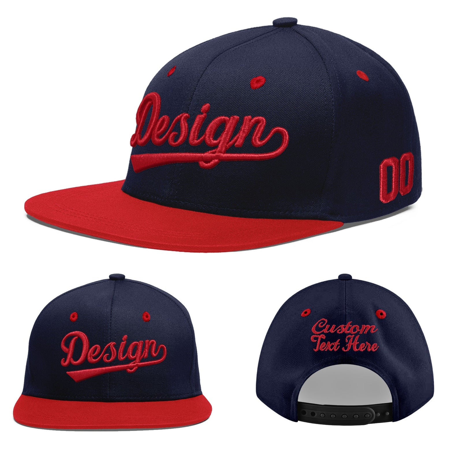 Custom Navy Red 3D Puff Embroidery Flat Embroidery Casual Sport Baseball Cap