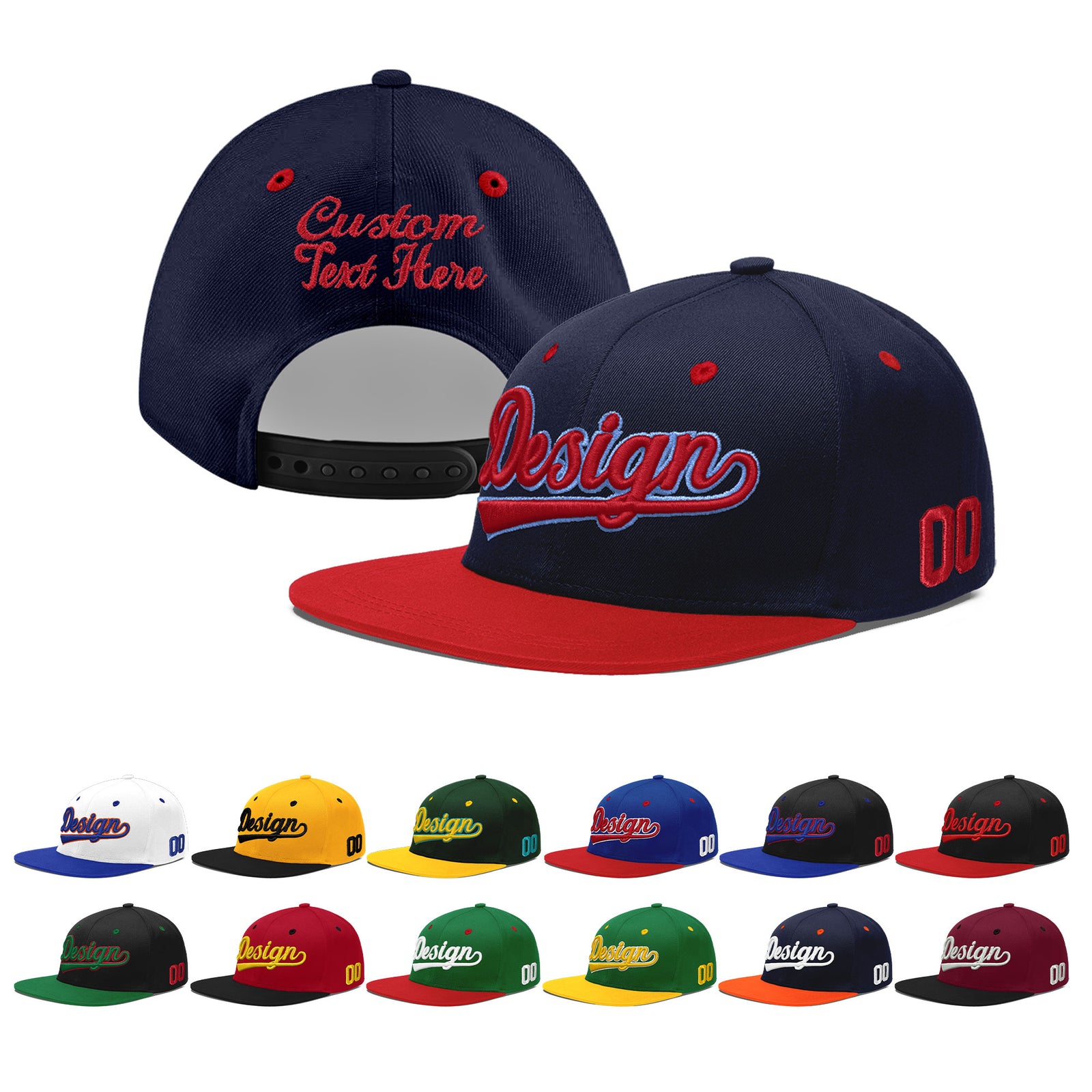 Custom Navy Red 3D Puff Embroidery Flat Embroidery Casual Sport Baseball Cap