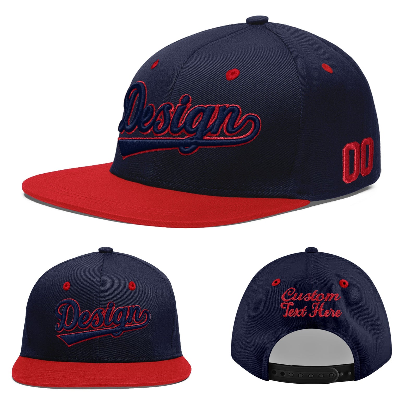Custom Navy Red 3D Puff Embroidery Flat Embroidery Casual Sport Baseball Cap