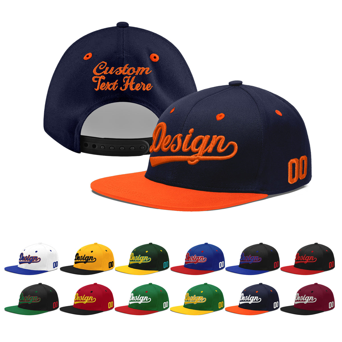 Custom Navy Orange 3D Puff Embroidery Flat Embroidery Casual Sport Baseball Cap