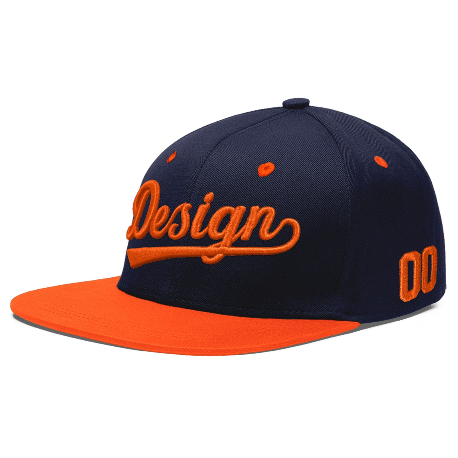 Custom Navy Orange 3D Puff Embroidery Flat Embroidery Casual Sport Baseball Cap