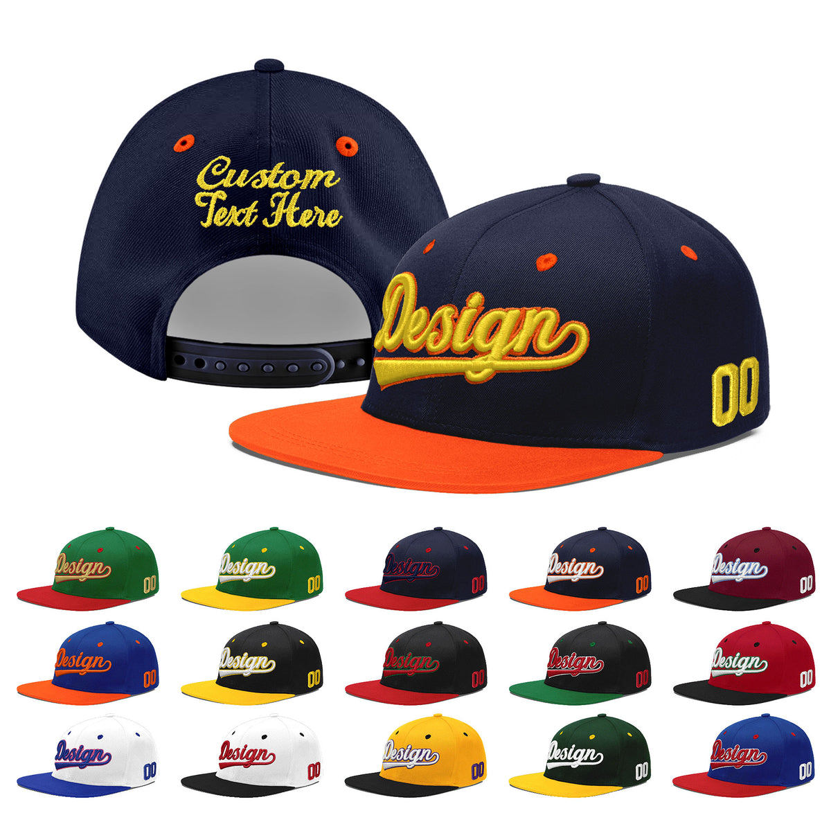 Custom Navy Orange 3D Puff Embroidery Flat Embroidery Casual Sport Baseball Cap