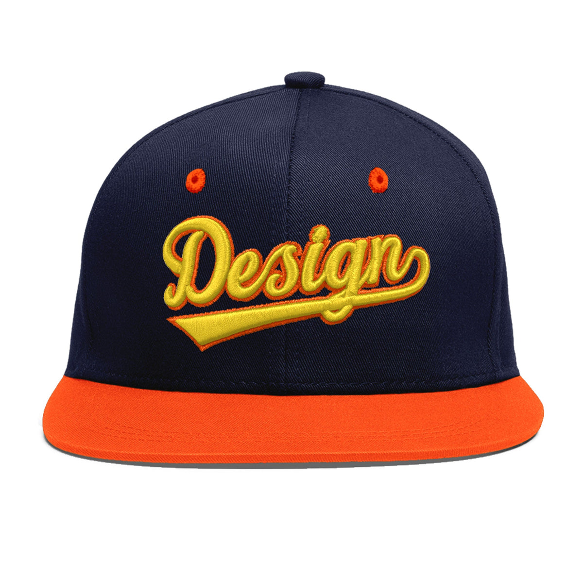 Custom Navy Orange 3D Puff Embroidery Flat Embroidery Casual Sport Baseball Cap