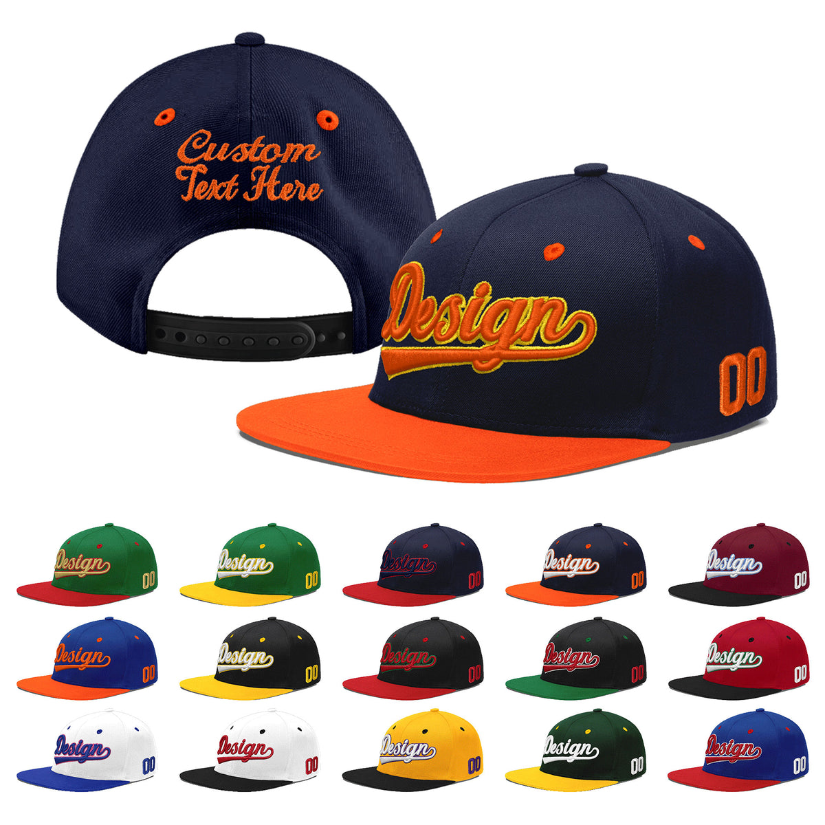 Custom Navy Orange 3D Puff Embroidery Flat Embroidery Casual Sport Baseball Cap