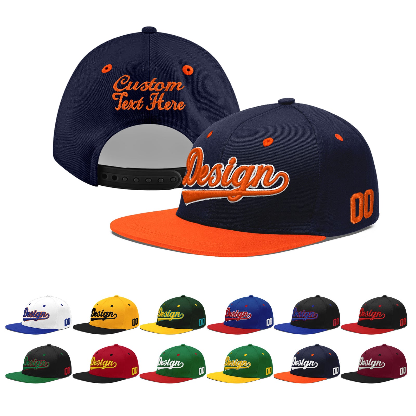 Custom Navy Orange 3D Puff Embroidery Flat Embroidery Casual Sport Baseball Cap