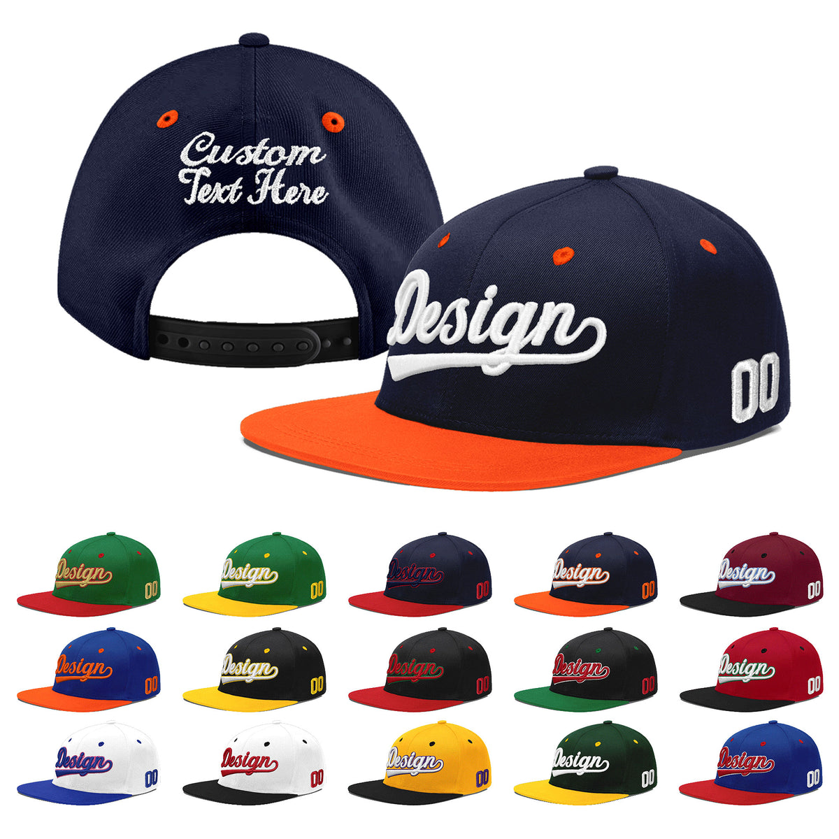 Custom Navy Orange 3D Puff Embroidery Flat Embroidery Casual Sport Baseball Cap