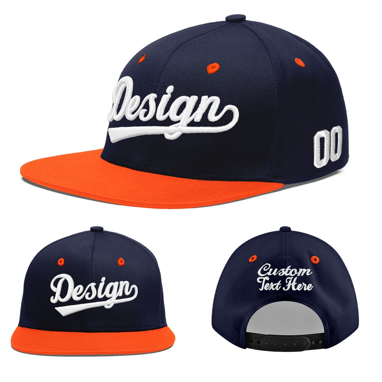 Custom Navy Orange 3D Puff Embroidery Flat Embroidery Casual Sport Baseball Cap