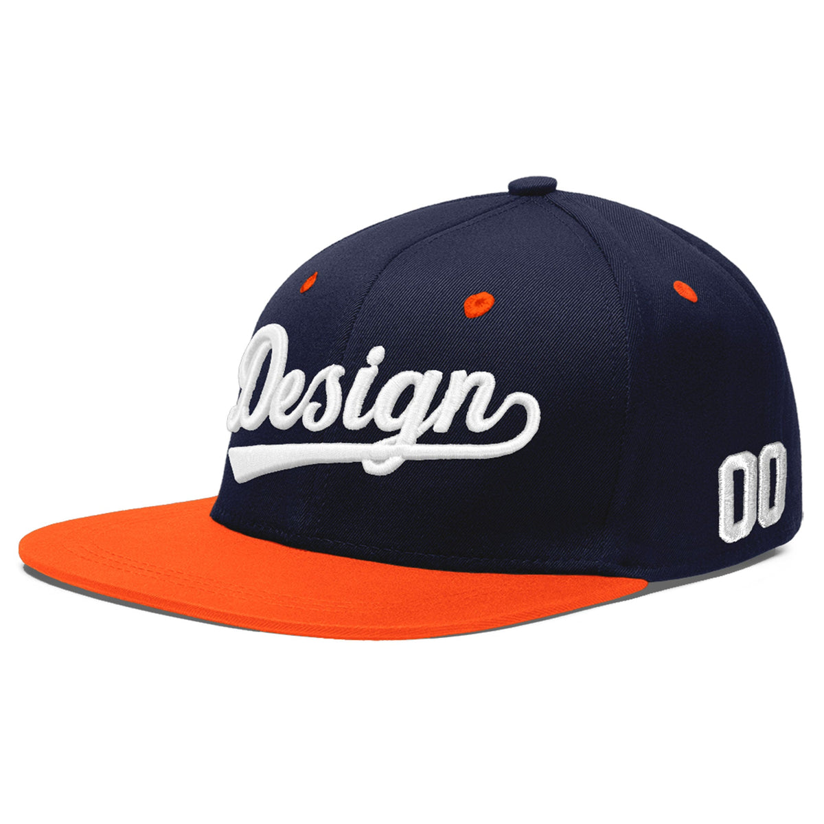 Custom Navy Orange 3D Puff Embroidery Flat Embroidery Casual Sport Baseball Cap