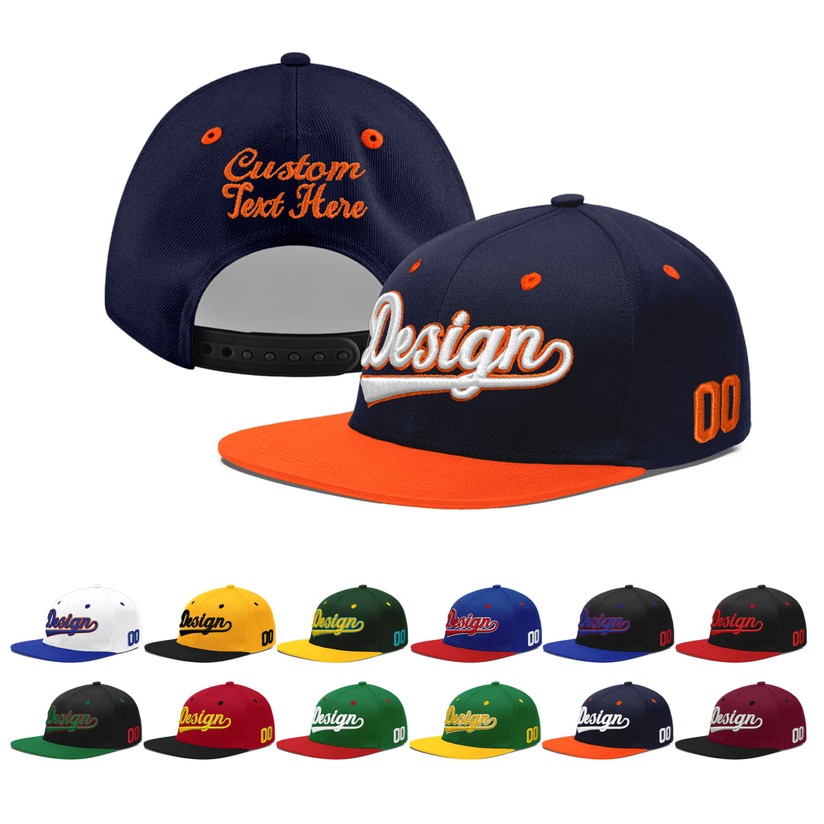 Custom Navy Orange 3D Puff Embroidery Flat Embroidery Casual Sport Baseball Cap