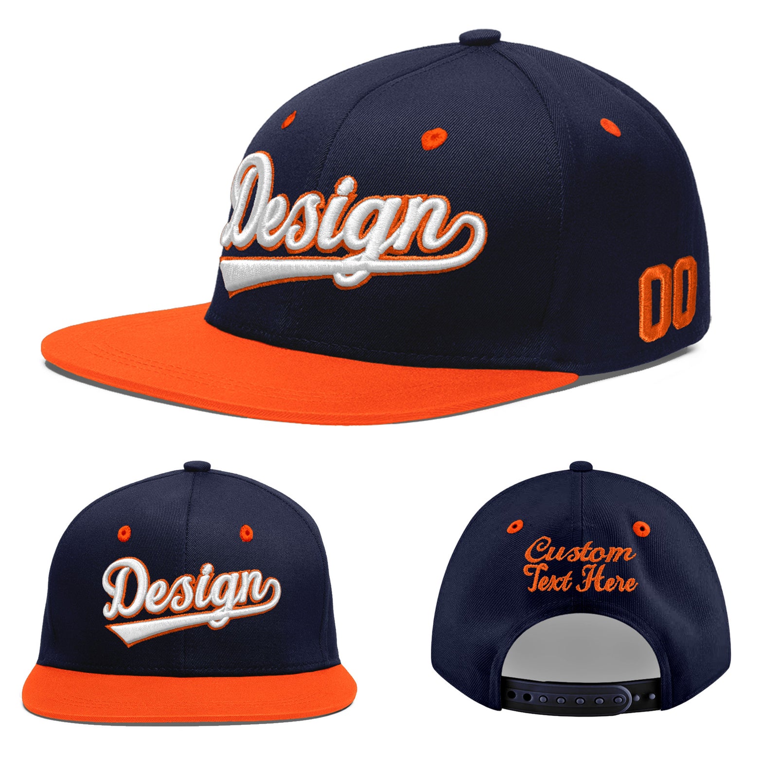 Custom Navy Orange 3D Puff Embroidery Flat Embroidery Casual Sport Baseball Cap