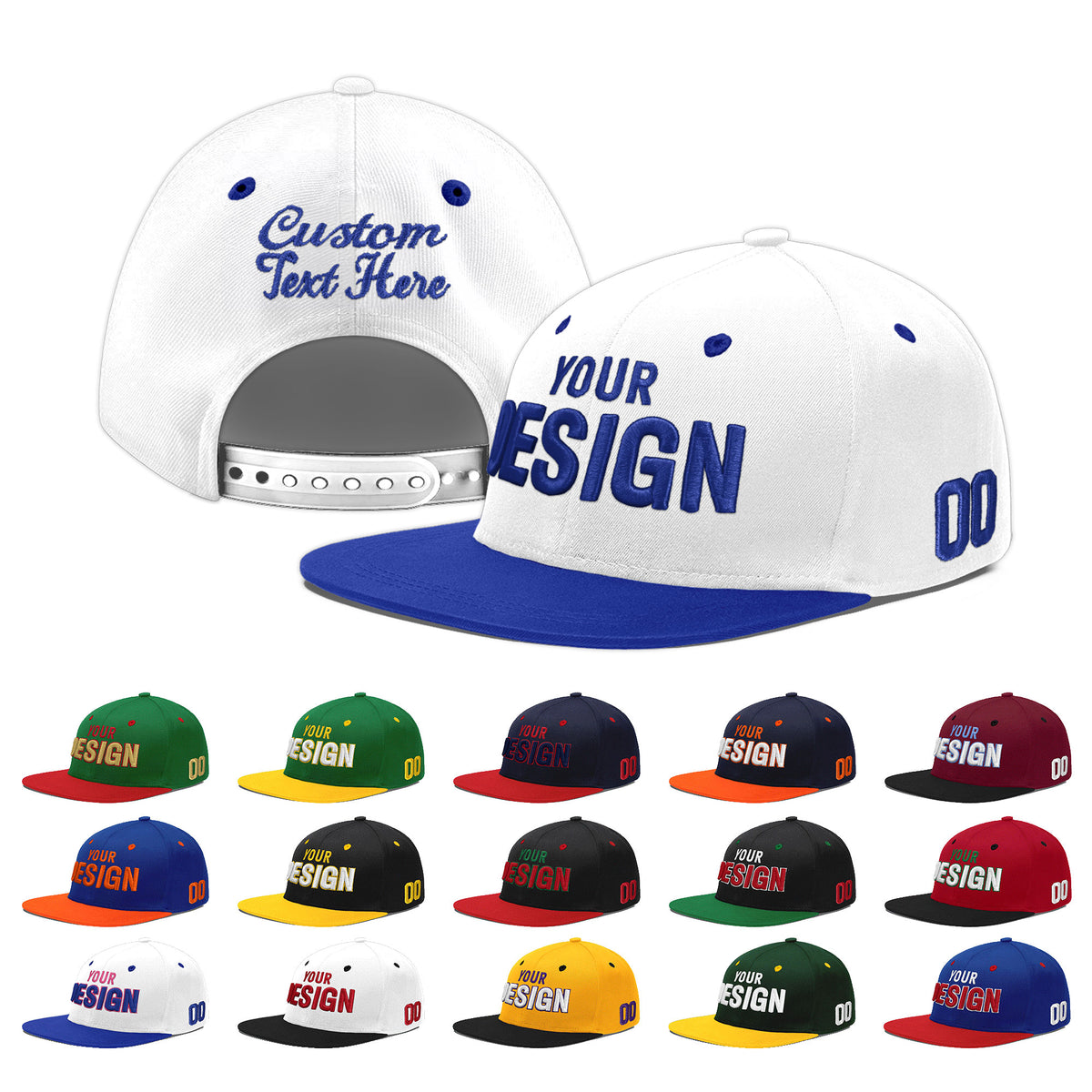 Custom White Royal Blue 3D Puff Embroidery Flat Embroidery Casual Sport Baseball Cap