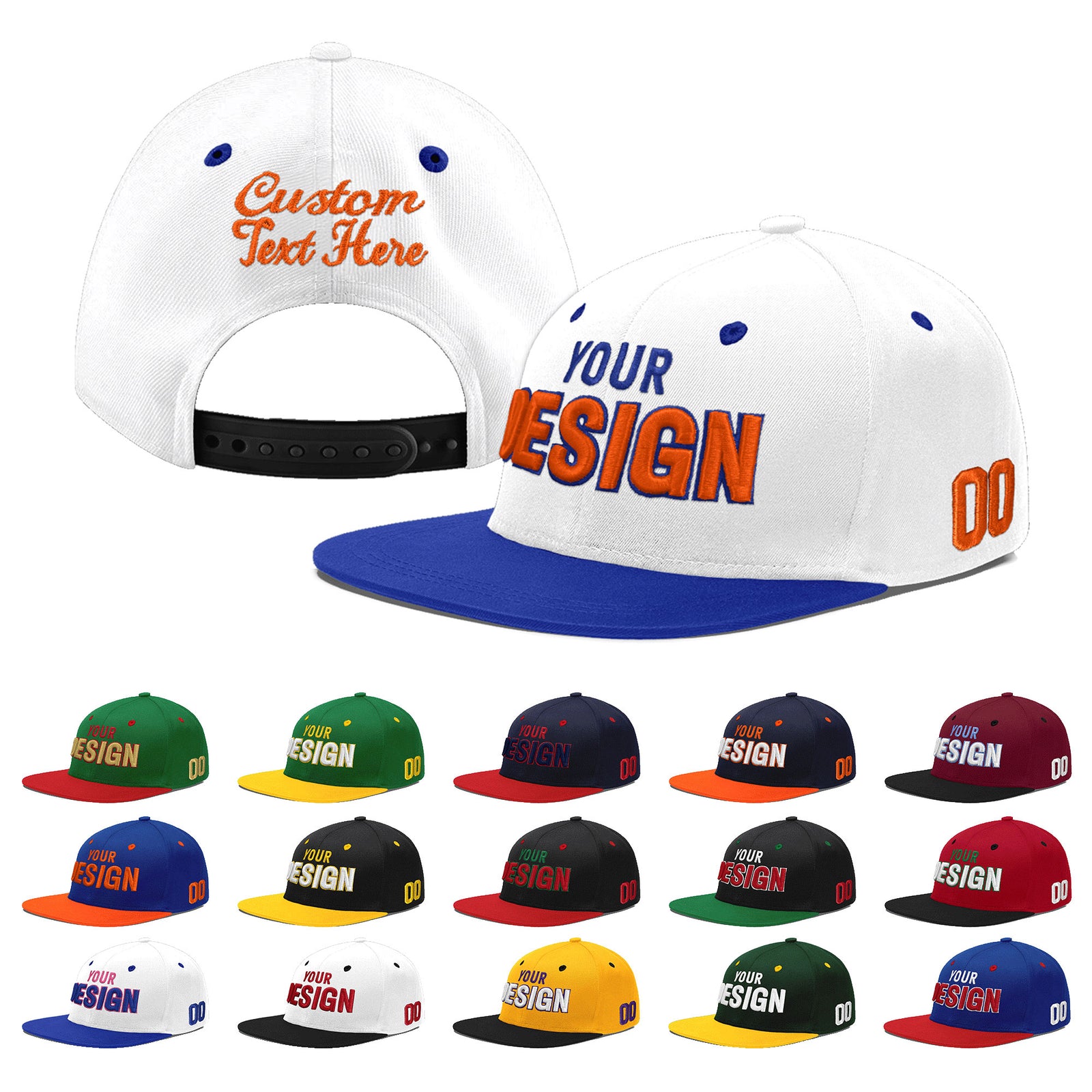 Custom White Royal Blue 3D Puff Embroidery Flat Embroidery Casual Sport Baseball Cap