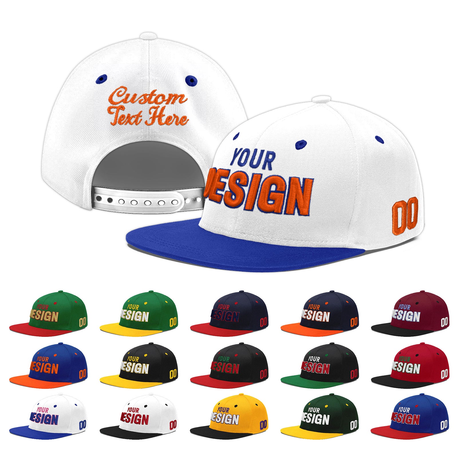Custom White Royal Blue 3D Puff Embroidery Flat Embroidery Casual Sport Baseball Cap